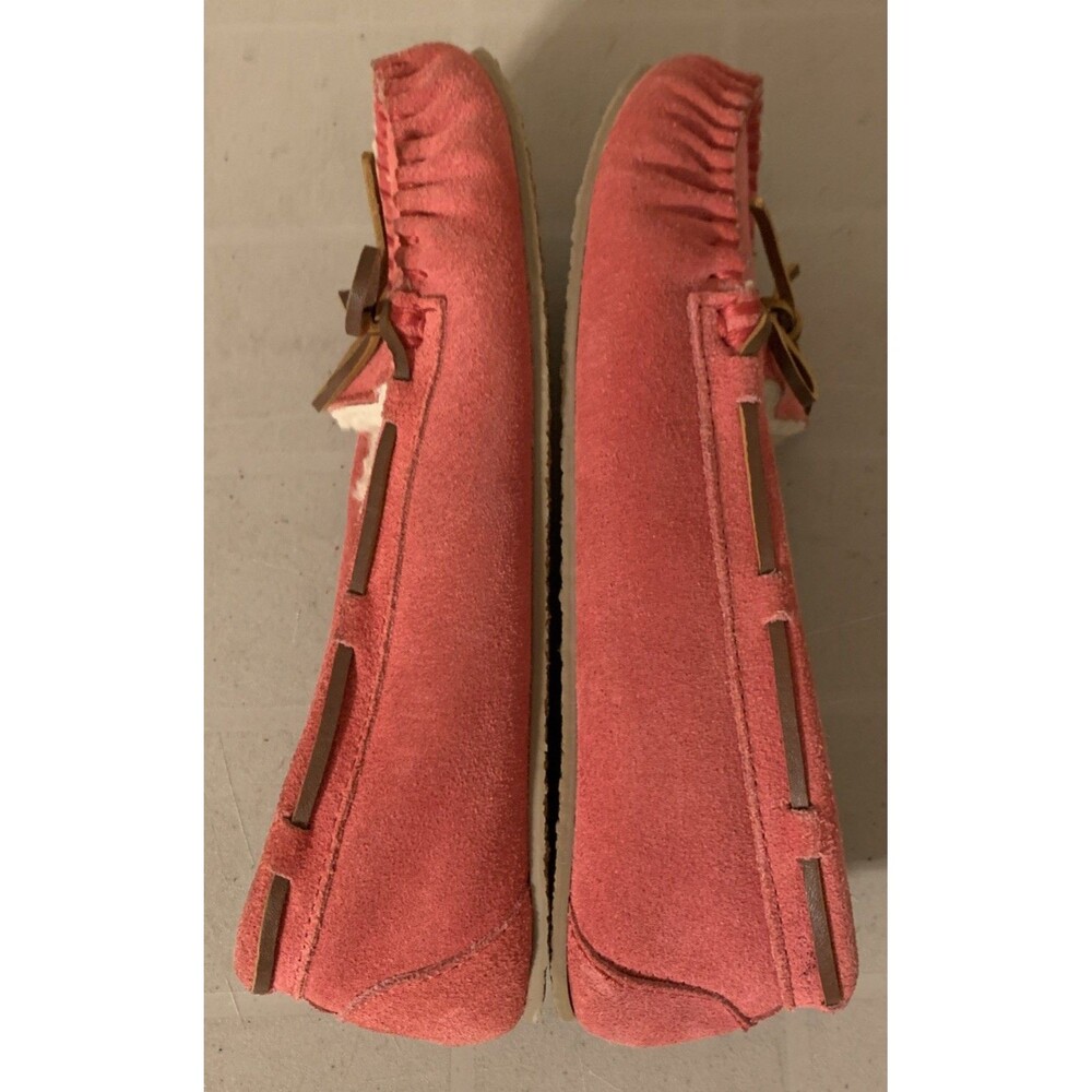 Minnetonka Moccasin Slippers Shoes Women’s 7 Pink Suede Faux Fur Rubber Sole - Picture 3 of 7